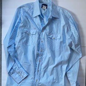 Wrangler men shirt long sleeve pearl snap blue stripe Western Cowboy Size LT